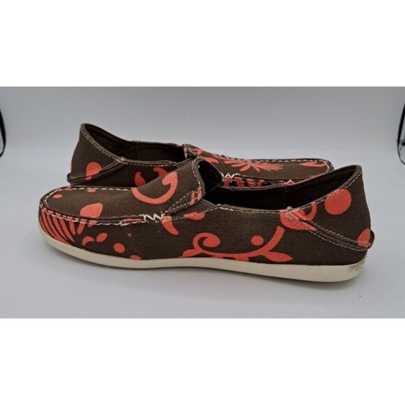 Olukai Nohea Canvas Print Tropical Slip on Loafer Brown Pink Women's Size 7 - Picture 6 of 15